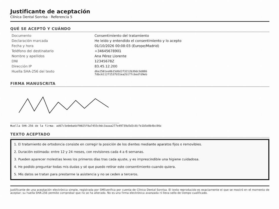 Justificante de aceptación en PDF con los datos, la firma manuscrita y el texto aceptado