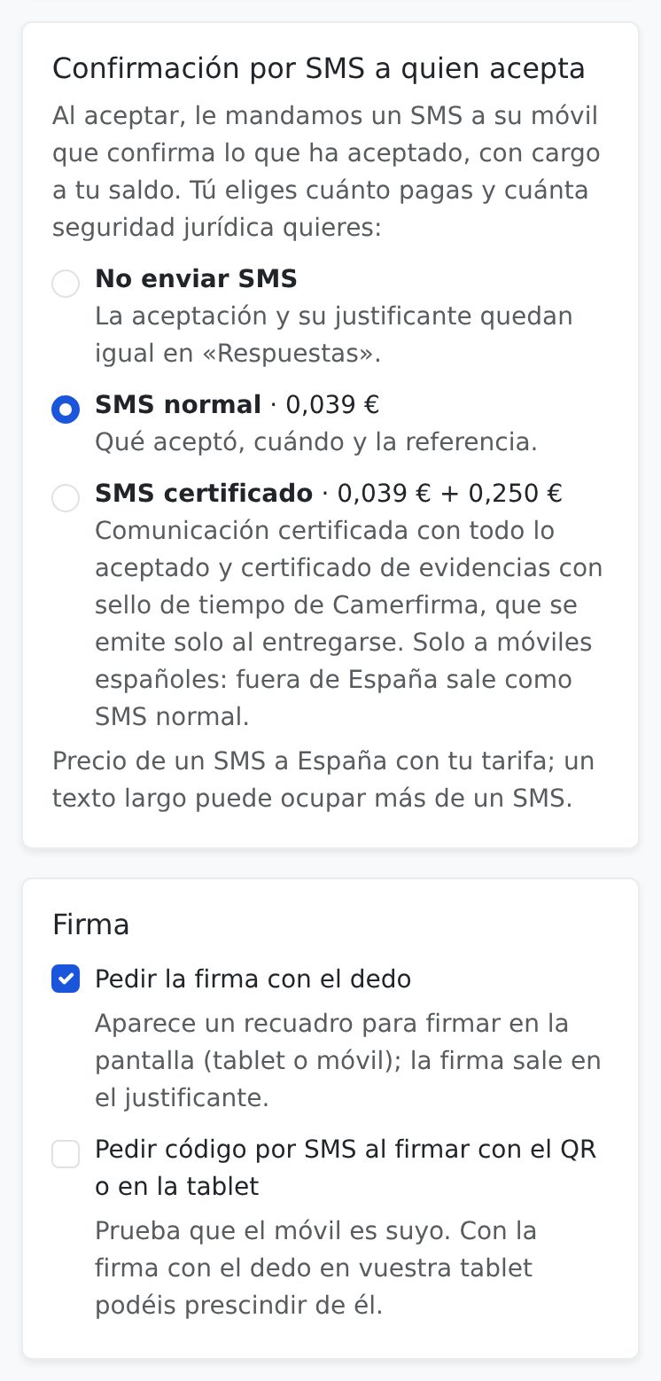 Opciones de firma y de confirmación por SMS en el editor de la página