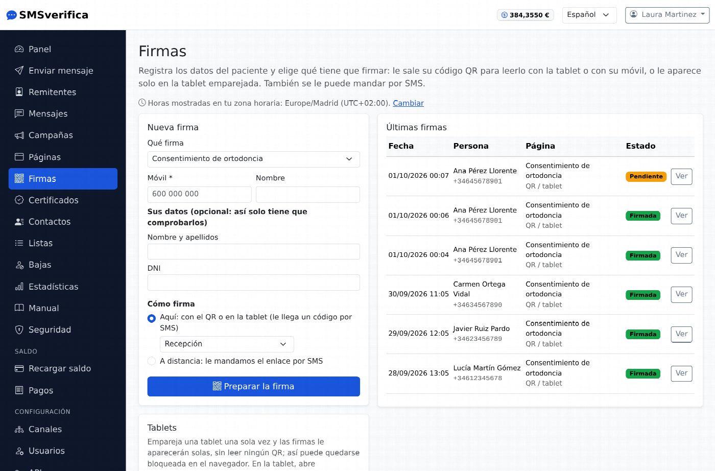 Pantalla Firmas del panel: formulario para registrar a quien firma y lista de firmas