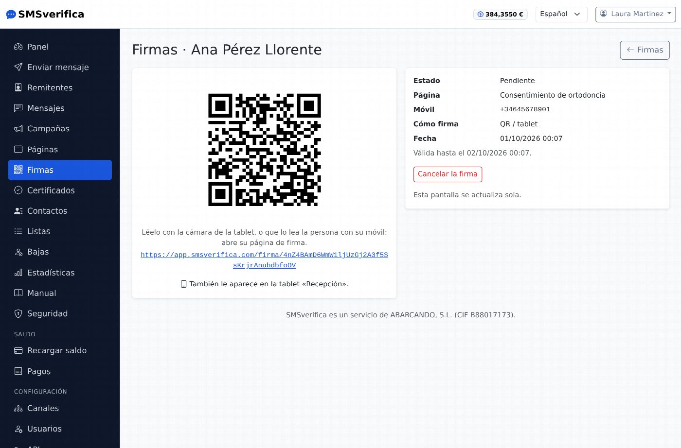 Código QR de una firma en el panel