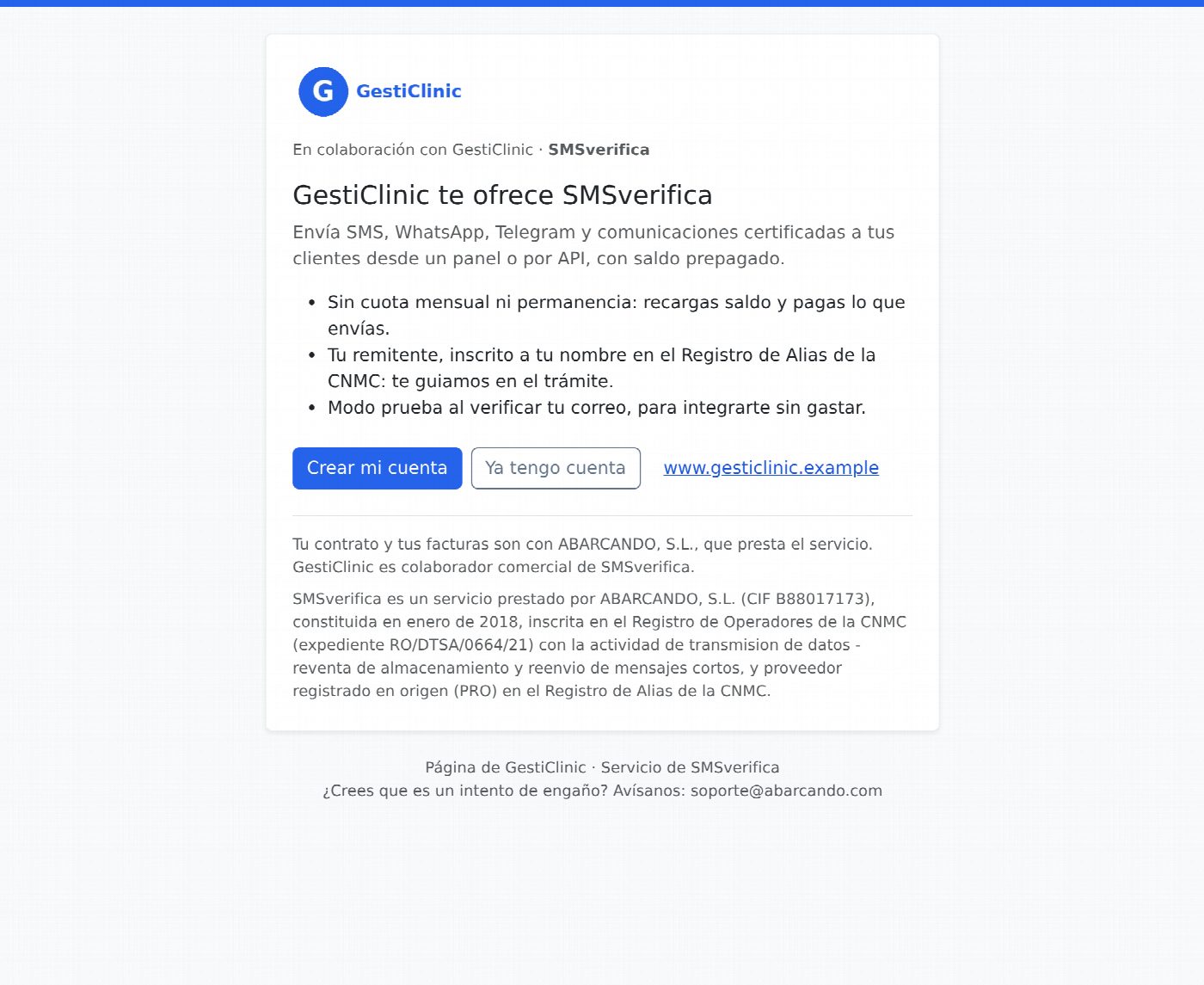 Página de captación de un revendedor con su logo y los datos de ABARCANDO como operador