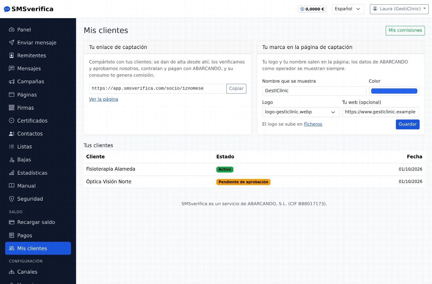 Panel del revendedor con su enlace de captación, su marca y sus clientes